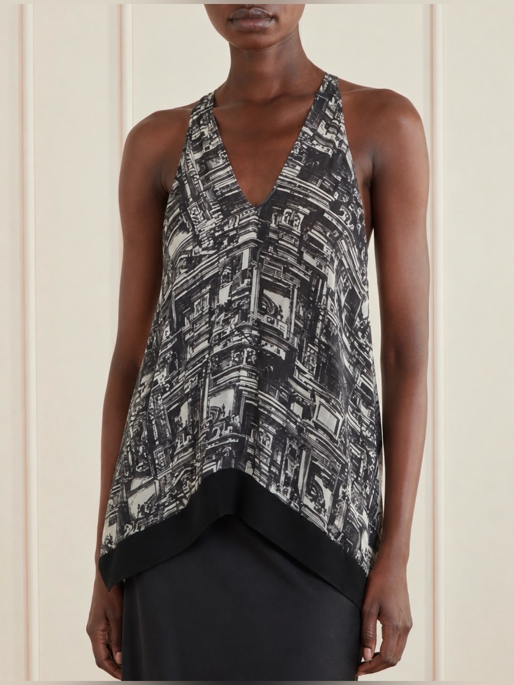 3.1 PHILLIP LIM Silk Printed Blouse Top V-neck Black White Size M Quiet Luxury